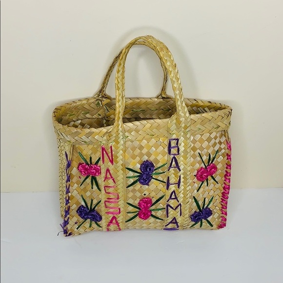 Nassau Bahamas Handbags - Nassau Bahamas | Straw Floral Embroidered Tote Bag | Market Satchel Wicker Decor